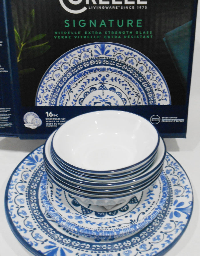 ❤️ NEW 16-pc Corelle PORTOFINO Dinnerware Set w/10-oz Dessert Bowls *Italian Blue Tiles