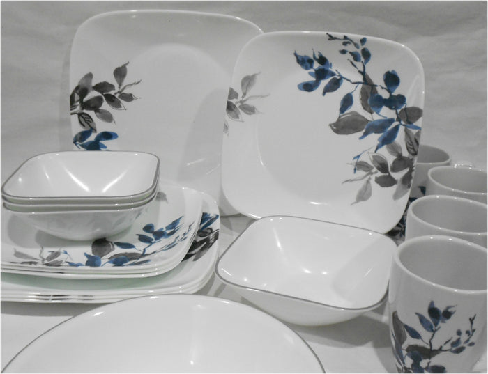 ❤️ New 17-pc Corelle KYOTO NIGHT Dinnerware Set *Blue Japanese Watercolor Leaves