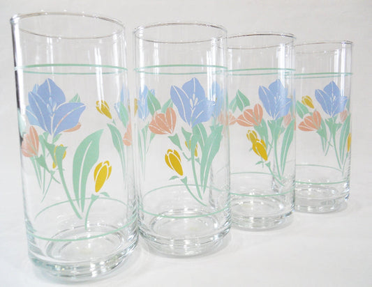 *New 4 Corelle FRIENDSHIP 16-oz TUMBLER GLASSES *Pastel Floral Pink Yellow Blue