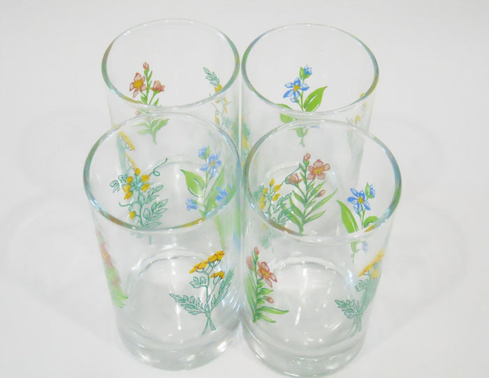NEW 4 Corelle MY GARDEN 7-oz JUICE GLASSES Summer Floral Garden Yellow Blue Pink