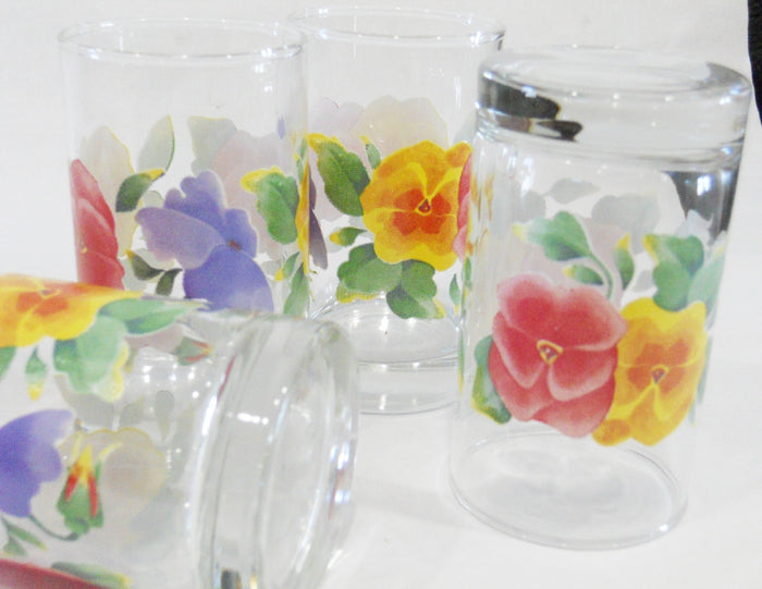 ❤️ New 4 CORELLE Pansy SUMMER BLUSH 7-oz JUICE GLASSES *Yellow Red Purple Floral