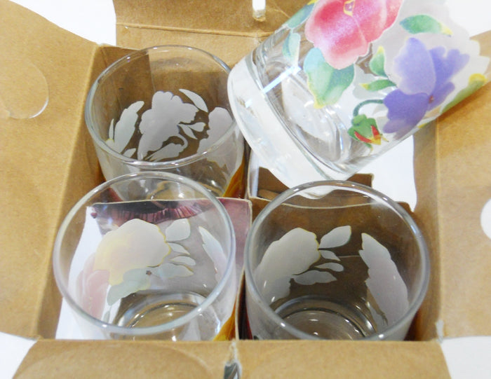 ❤️ New 4 CORELLE Pansy SUMMER BLUSH 7-oz JUICE GLASSES *Yellow Red Purple Floral