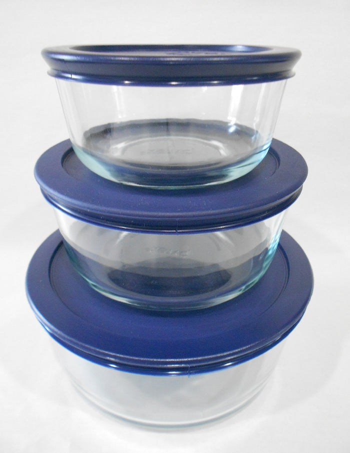 ❤️ NEW 6-pc Pyrex Simply Store GLASS STORAGE BOWLS 7, 4, 2 Cup BLUE Plastic Covers