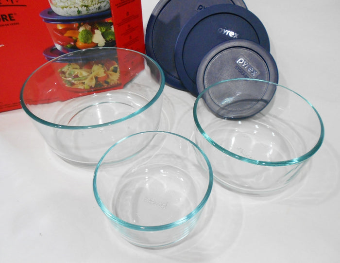 ❤️ NEW 6-pc Pyrex Simply Store GLASS STORAGE BOWLS 7, 4, 2 Cup BLUE Plastic Covers