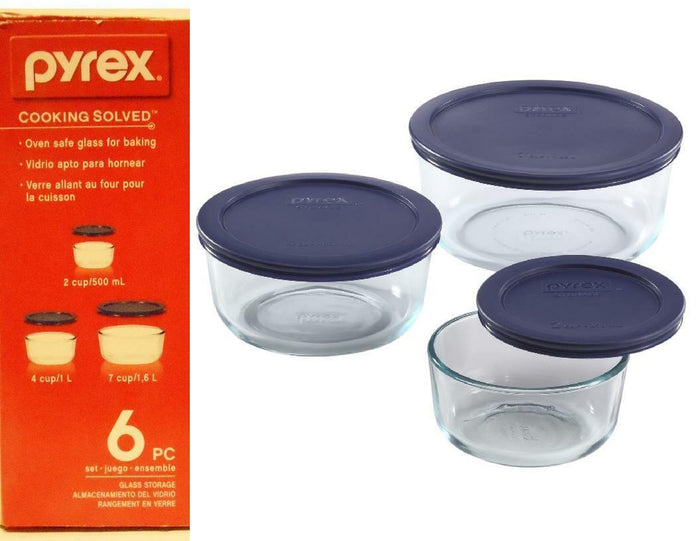 ❤️ NEW 6-pc Pyrex Simply Store GLASS STORAGE BOWLS 7, 4, 2 Cup BLUE Plastic Covers