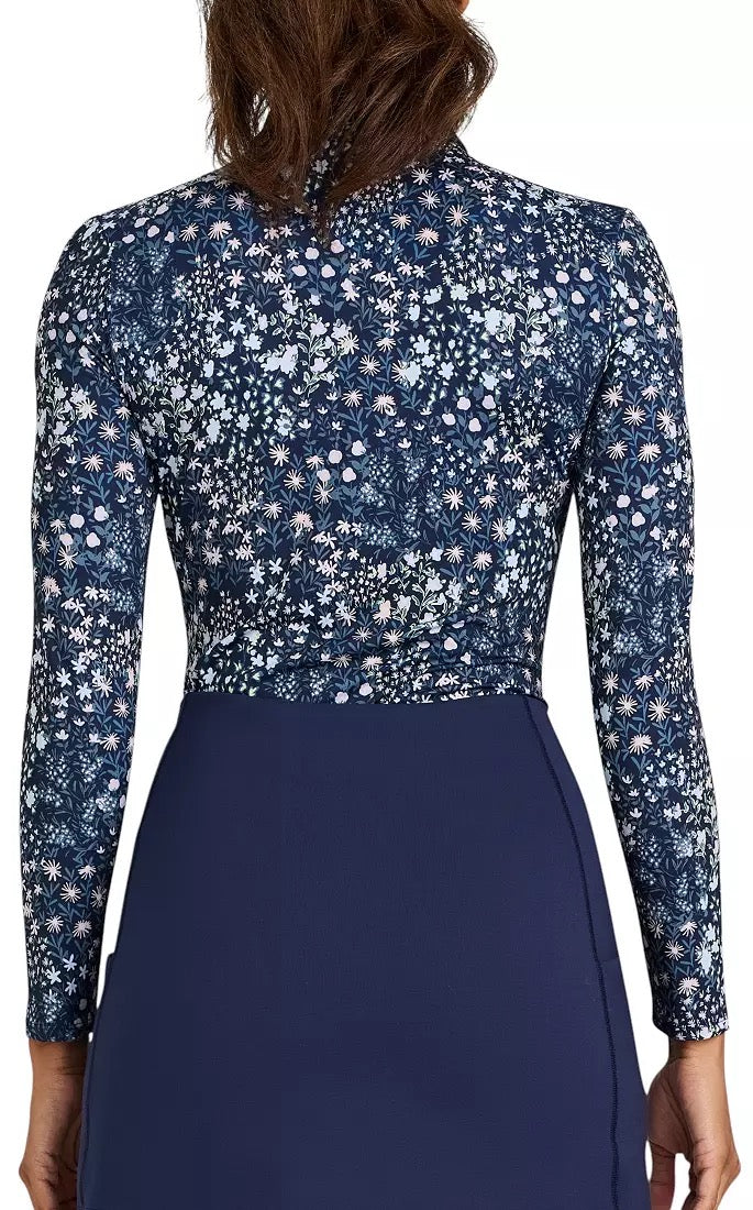 New Bad Birdie Women's Long Sleeve Super Duper Bloom Polo - Dark Navy