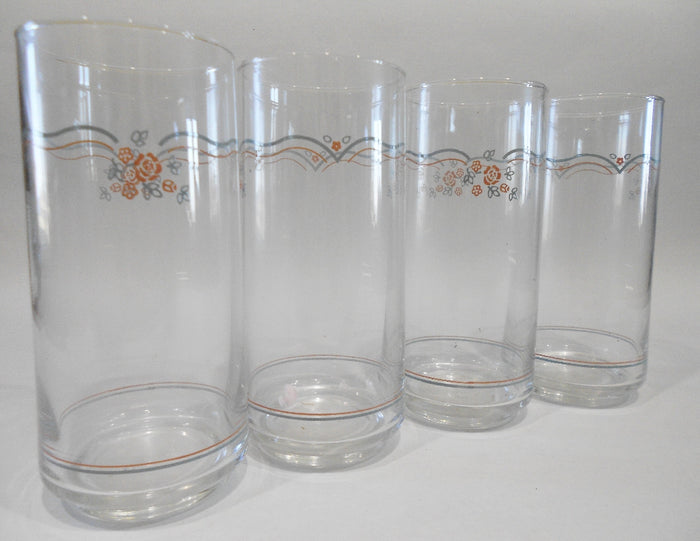 ❤️ NEW Corelle 4 ENGLISH BREAKFAST 16 oz GLASS Tumblers PINK Rosettes BLUE Ribbon