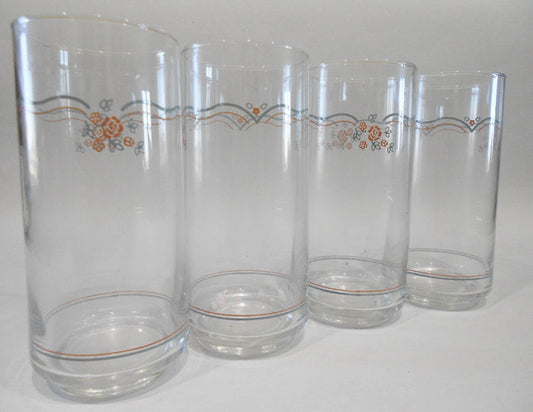 ❤️ NEW Corelle 4 ENGLISH BREAKFAST 16 oz GLASS Tumblers PINK Rosettes BLUE Ribbon