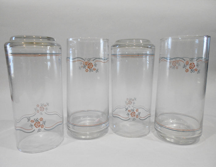 ❤️ NEW Corelle 4 ENGLISH BREAKFAST 16 oz GLASS Tumblers PINK Rosettes BLUE Ribbon