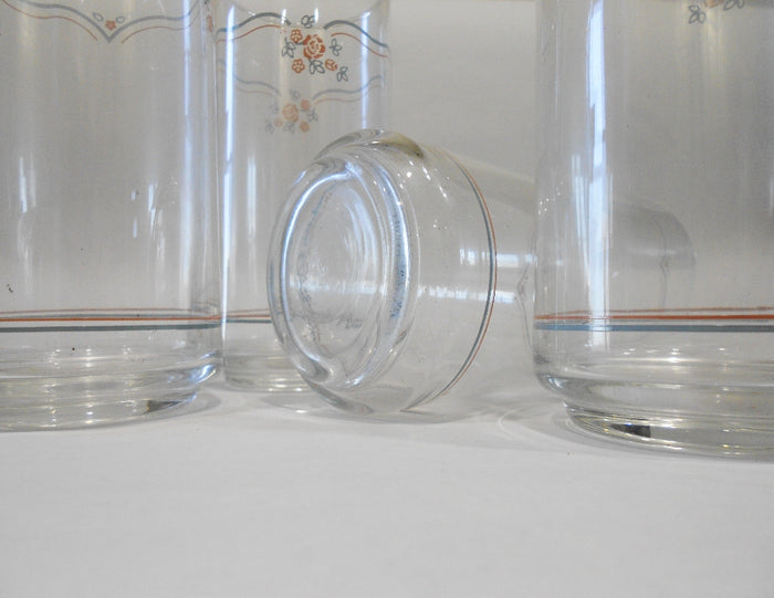 ❤️ NEW Corelle 4 ENGLISH BREAKFAST 16 oz GLASS Tumblers PINK Rosettes BLUE Ribbon