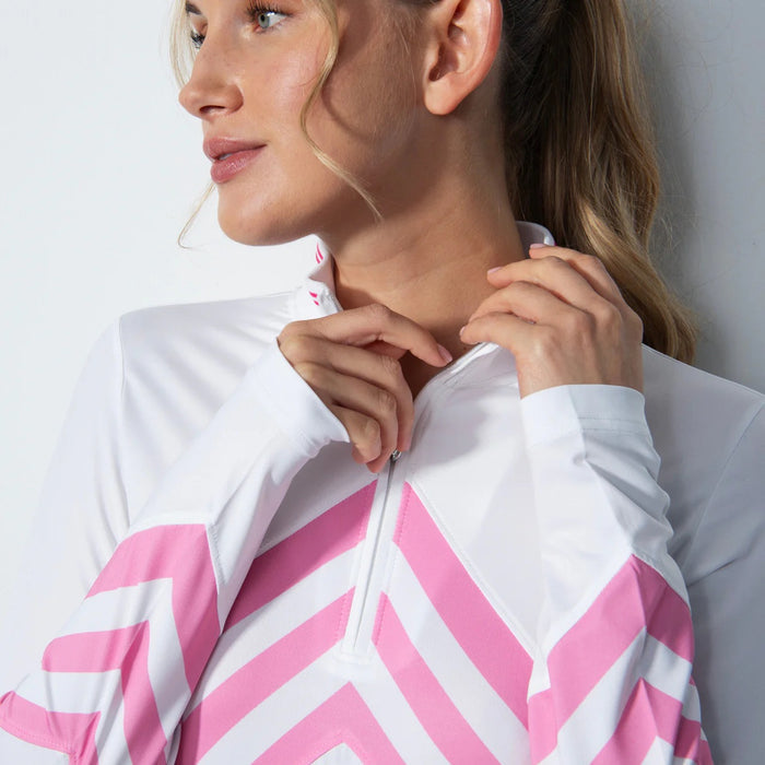New Daily Sports Bari White Pink Stripe Long Sleeve Golf Top MSP$138