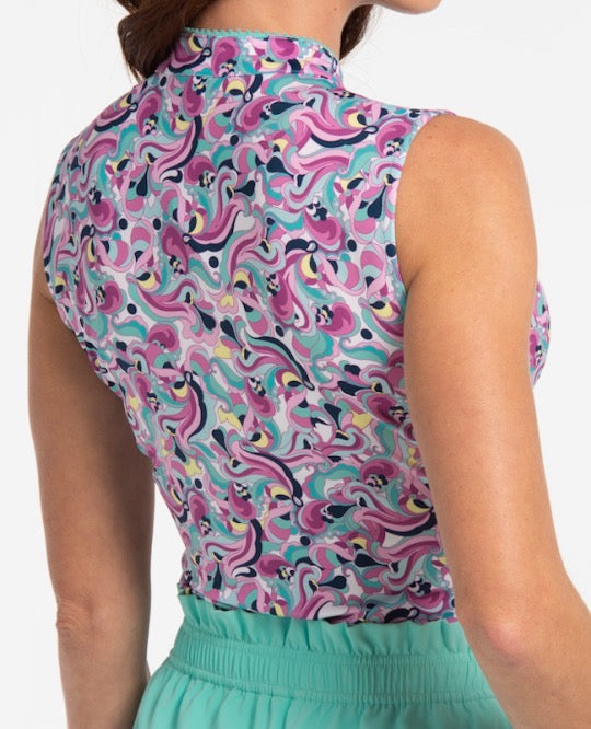 New EP NY Sleeveless Picot Trim Paisley Golf Polo - Bay Multi MSP$84