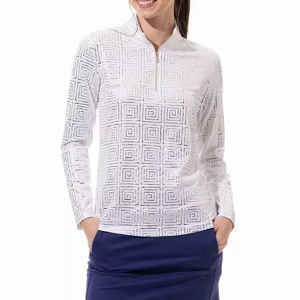 New San Soleil Foil Print Mock Neck Golf Pullover - Infinity White Gold MSP$104