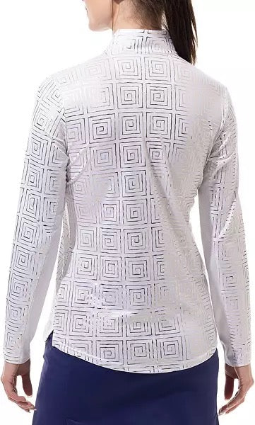 New San Soleil Foil Print Mock Neck Golf Pullover - Infinity White Gold MSP$104