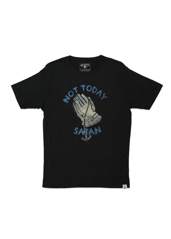 Black T-shirt with praying hands and "Not Today Satan" text in blue. Simple design, bold statement.