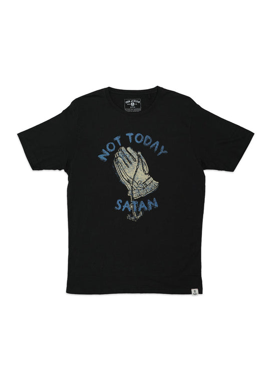 Black T-shirt with praying hands and "Not Today Satan" text in blue. Simple design, bold statement.