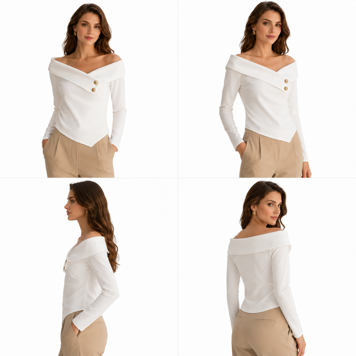 Elegant white off shoulder blouse with long sleeves, asymmetric front hem and polished gold buttons for office to dinner wear