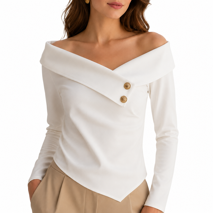 Women off shoulder shirt in smooth polyester, with long sleeves, folded collar line, and chic button detail for fall workwear
