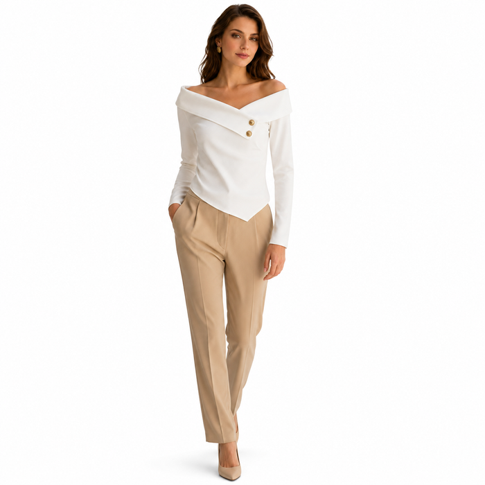 Chic off shoulder top for women in white, designed with long sleeves, asymmetric hem, and refined button detail for workdays.