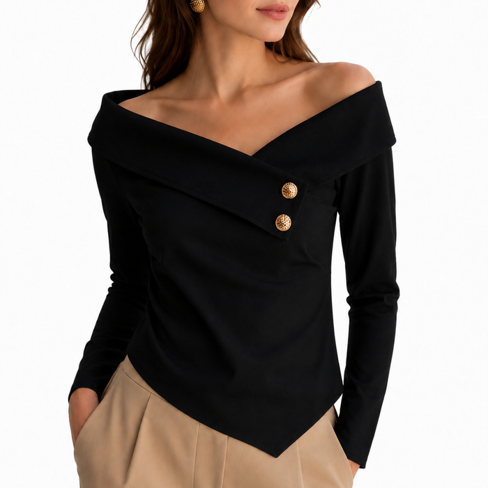 Black off shoulder long sleeve top with button accent, smooth finish, refined neckline styled with beige tailored trouser fit