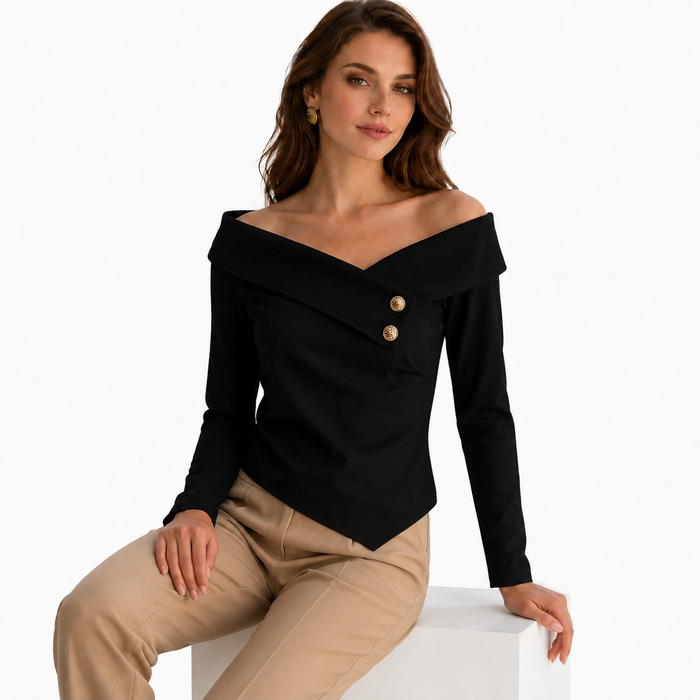 Black off the shoulder long sleeve shirt with structured neckline, gold buttons, and polished evening outfit appeal for women
