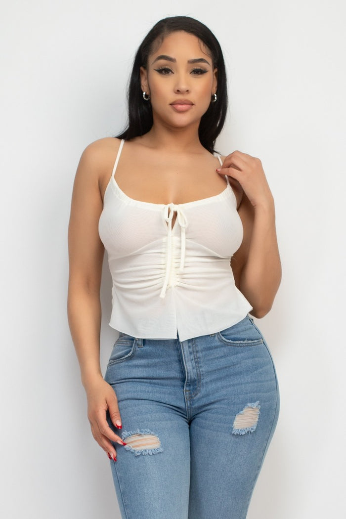 Off White Mesh Ruched Scoop Tank Top