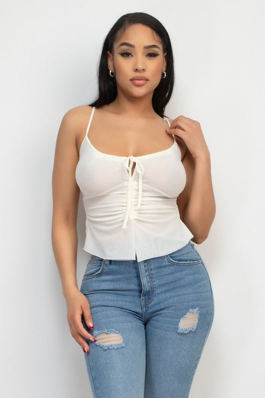 Off White Mesh Ruched Scoop Tank Top