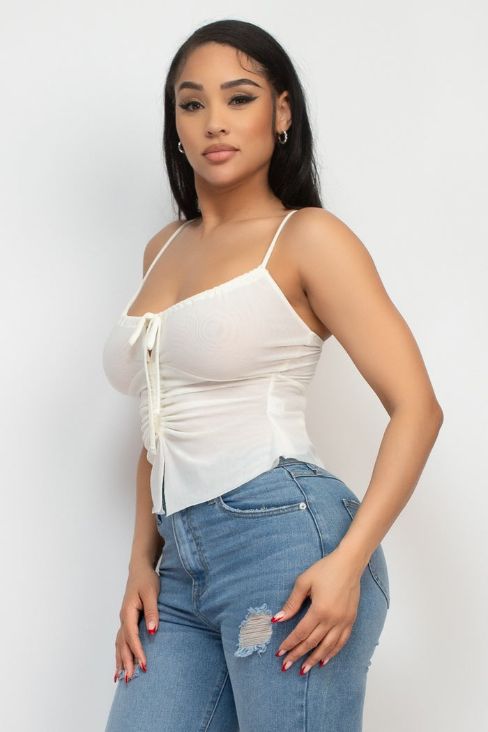 Off White Mesh Ruched Scoop Tank Top