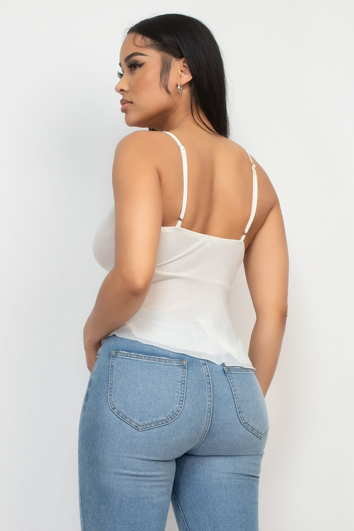 Off White Mesh Ruched Scoop Tank Top