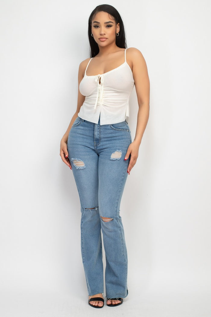 Off White Mesh Ruched Scoop Tank Top