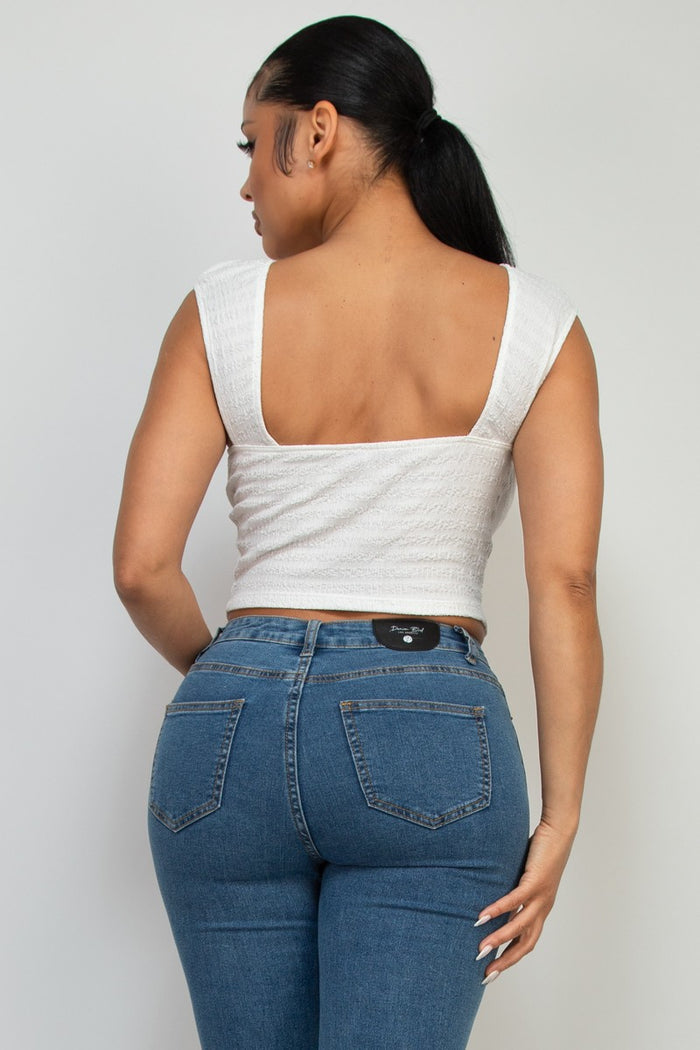 Off White Scoop-cut Back Corrugated Crop Top