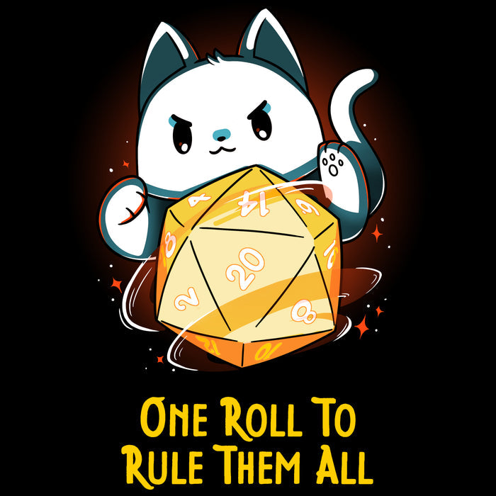 Premium Cotton T-shirt_TeeTurtle black One One Roll To Rule Them All featuring a white cat rolling an oversized tabletop game 20 sided dice, with 20 facing forward, and the text in fantasy script "One roll to rule them all" below.