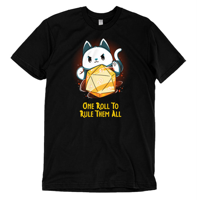 Premium Cotton T-shirt_TeeTurtle black One One Roll To Rule Them All featuring a white cat rolling an oversized tabletop game 20 sided dice, with 20 facing forward, and the text in fantasy script "One roll to rule them all" below.