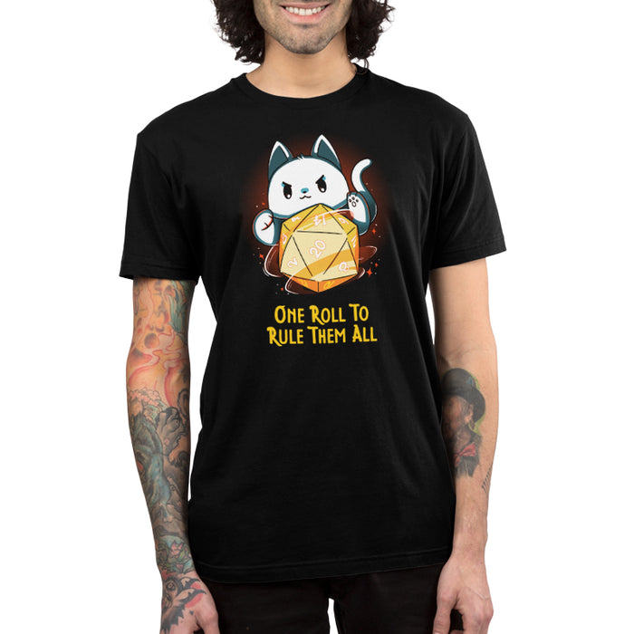 Premium Cotton T-shirt_TeeTurtle black One One Roll To Rule Them All featuring a white cat rolling an oversized tabletop game 20 sided dice, with 20 facing forward, and the text in fantasy script "One roll to rule them all" below.