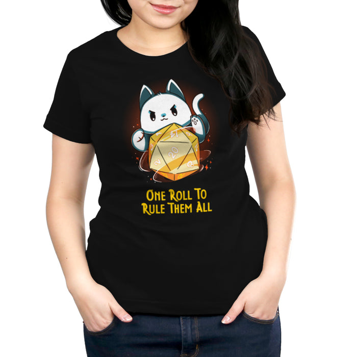 Premium Cotton T-shirt_TeeTurtle black One One Roll To Rule Them All featuring a white cat rolling an oversized tabletop game 20 sided dice, with 20 facing forward, and the text in fantasy script "One roll to rule them all" below.