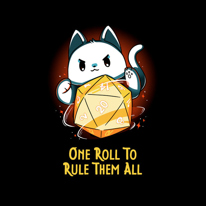 Classic Cotton T-shirt_TeeTurtle black One One Roll To Rule Them All featuring a white cat rolling an oversized tabletop game 20 sided dice, with 20 facing forward, and the text in fantasy script "One roll to rule them all" below.
