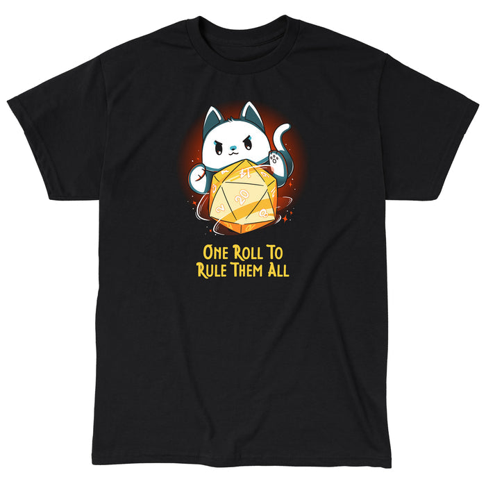Classic Cotton T-shirt_TeeTurtle black One One Roll To Rule Them All featuring a white cat rolling an oversized tabletop game 20 sided dice, with 20 facing forward, and the text in fantasy script "One roll to rule them all" below.