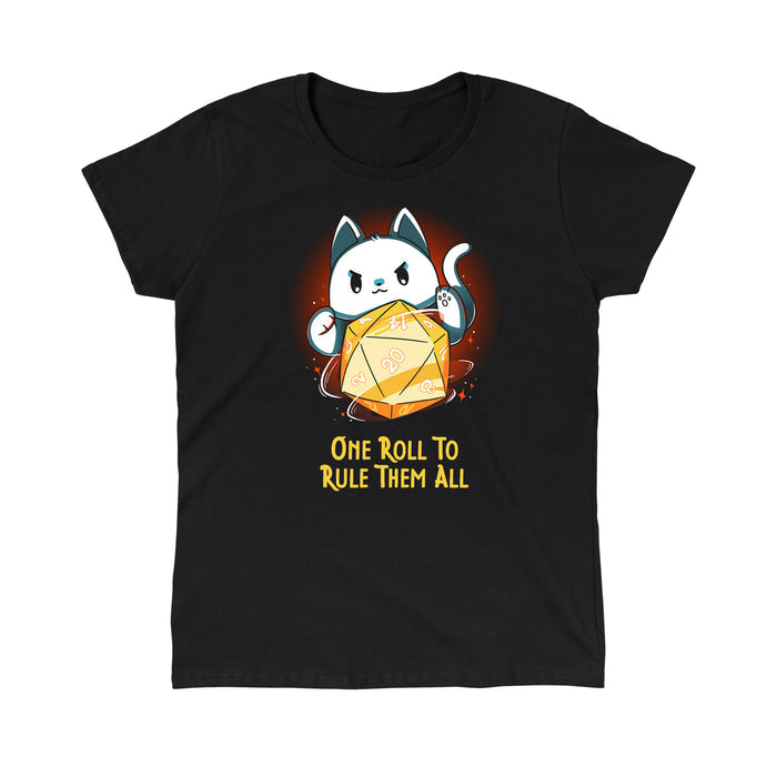 Classic Cotton T-shirt_TeeTurtle black One One Roll To Rule Them All featuring a white cat rolling an oversized tabletop game 20 sided dice, with 20 facing forward, and the text in fantasy script "One roll to rule them all" below.