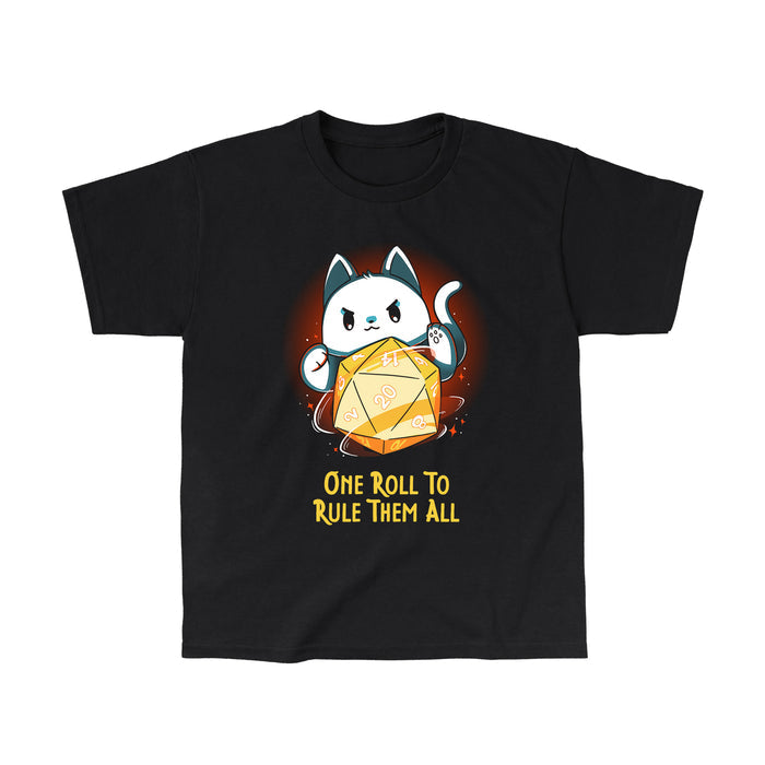 Classic Cotton T-shirt_TeeTurtle black One One Roll To Rule Them All featuring a white cat rolling an oversized tabletop game 20 sided dice, with 20 facing forward, and the text in fantasy script "One roll to rule them all" below.