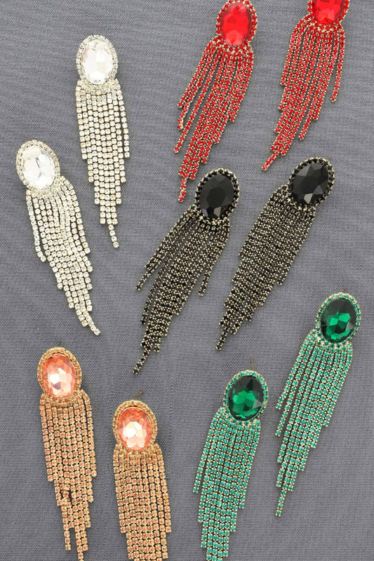 Style the Oval Rhinestone Crystal Halo Drop Tassel Earrings exclusively at Born To Glam