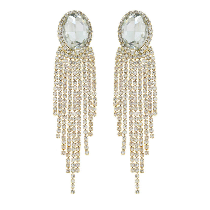 Style the Oval Rhinestone Crystal Halo Drop Tassel Earrings exclusively at Born To Glam