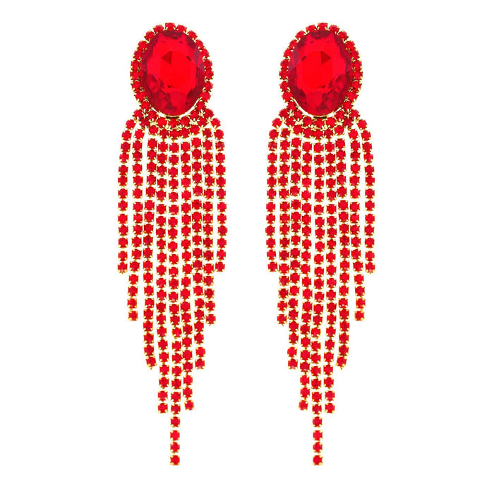 Style the Oval Rhinestone Crystal Halo Drop Tassel Earrings exclusively at Born To Glam