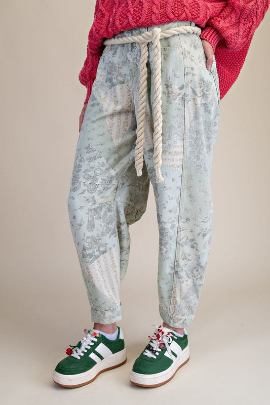 PATCHWORK PRINTED BARREL PANTS, SAGE