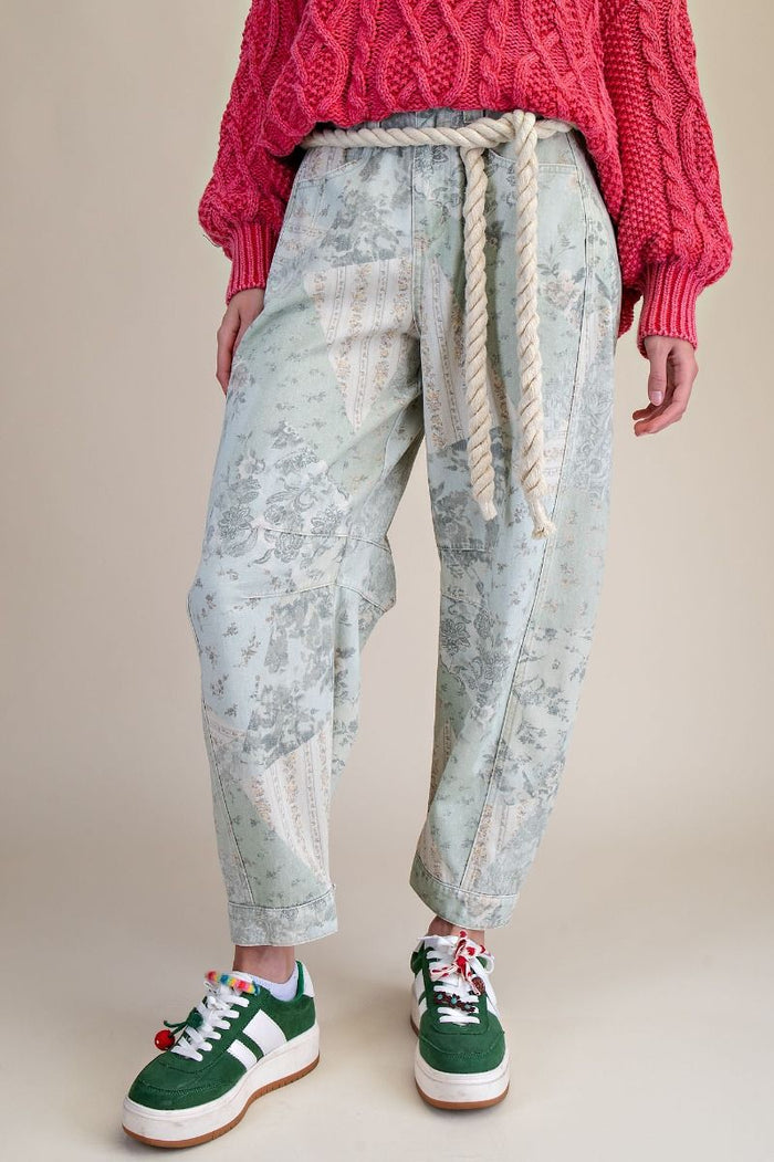 PATCHWORK PRINTED BARREL PANTS, SAGE