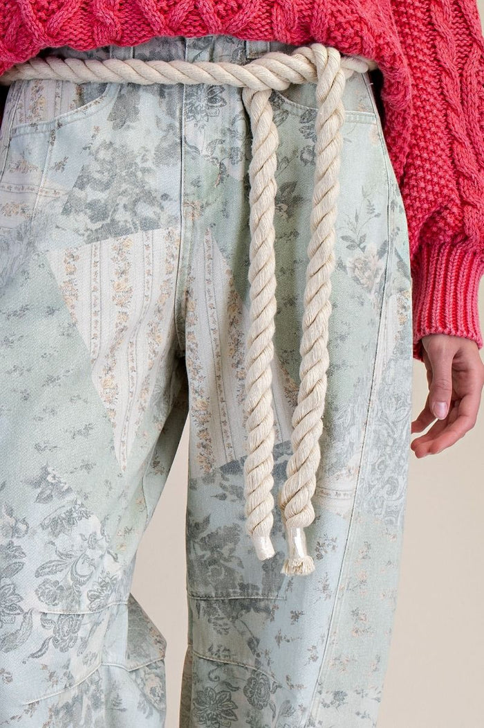 PATCHWORK PRINTED BARREL PANTS, SAGE