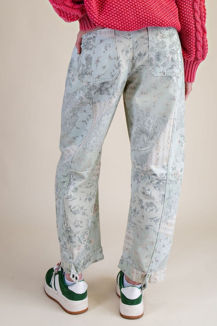 PATCHWORK PRINTED BARREL PANTS, SAGE
