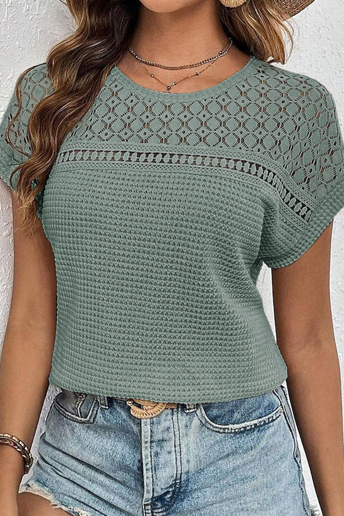 Mist Green Lace Patchwork Waffle Short Sleeve Top - S / 67% Polyester + 30% Viscose + 3% Elastane - Tops/Tops & Tees