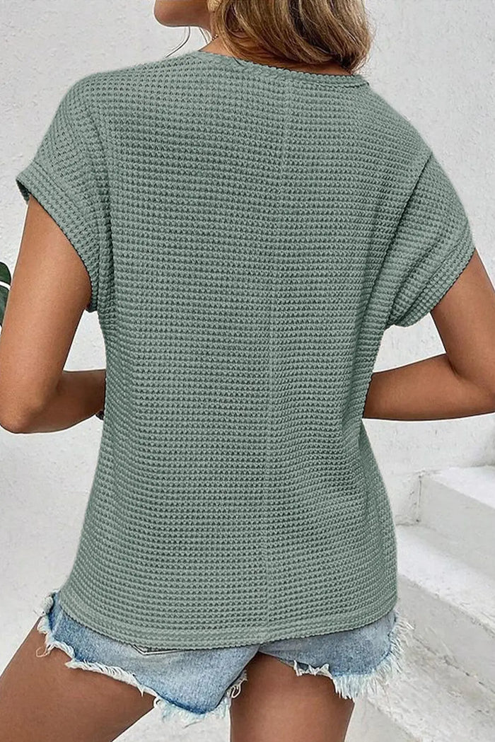 Mist Green Lace Patchwork Waffle Short Sleeve Top - Tops/Tops & Tees