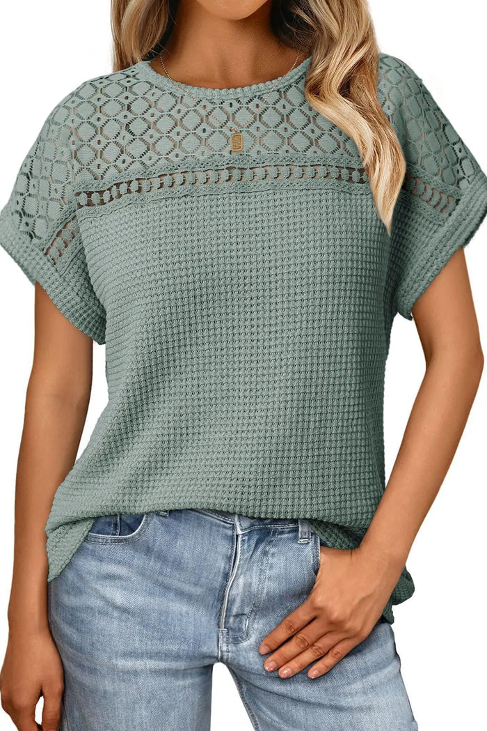 Mist Green Lace Patchwork Waffle Short Sleeve Top - Tops/Tops & Tees