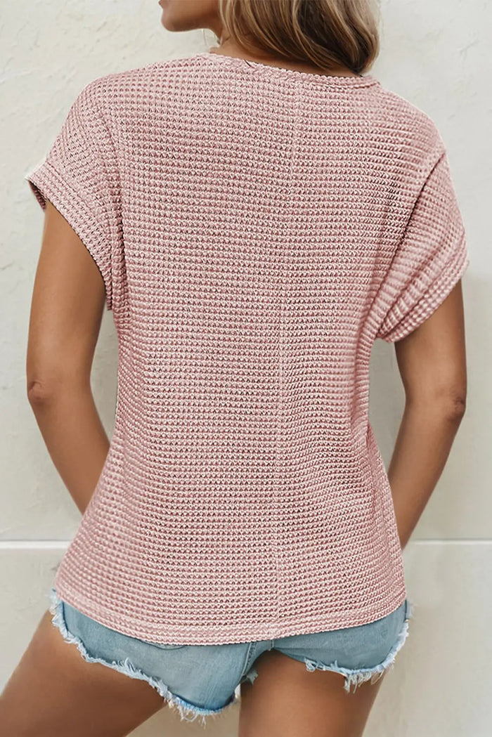Mist Green Lace Patchwork Waffle Short Sleeve Top - Tops/Tops & Tees